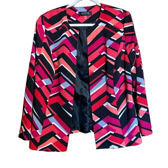 KASPER Blazer Womens 14W Multicolor Chevron Geometric Print Open Career Jacket - Picture 1 of 7